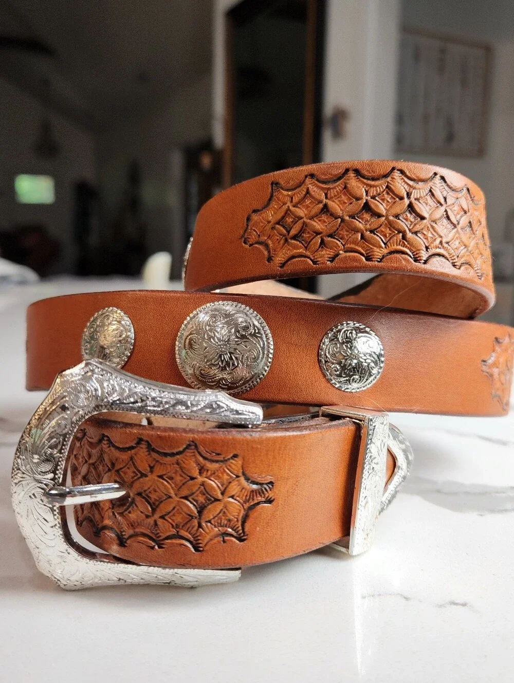 Vintage Size 40 Cuadra Tooled Tan Leather Western Concho Belt